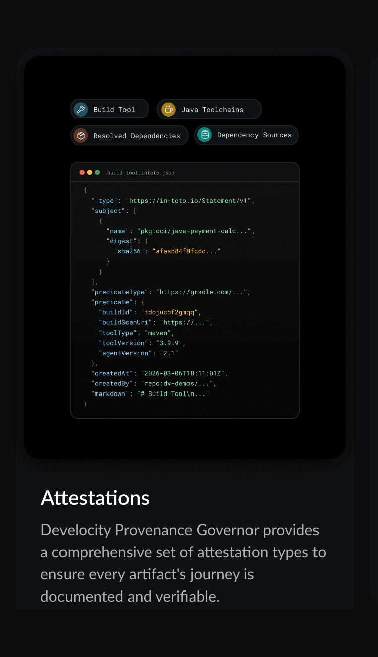 Attestations view showing in-toto attestation document with build tool, java toolchains, resolved dependencies, and dependency sources