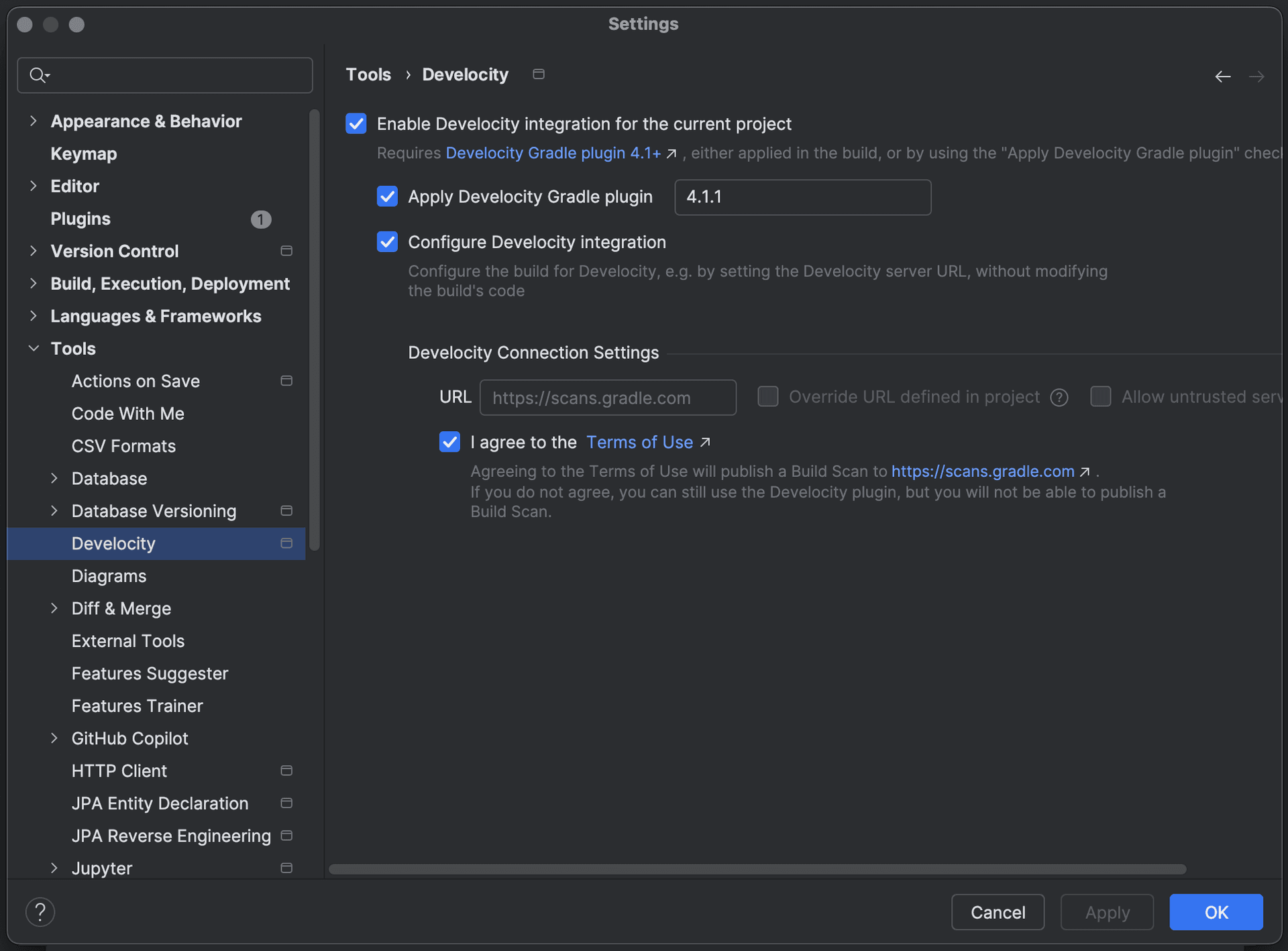 Configuration page of the Develocity IntelliJ Plugin