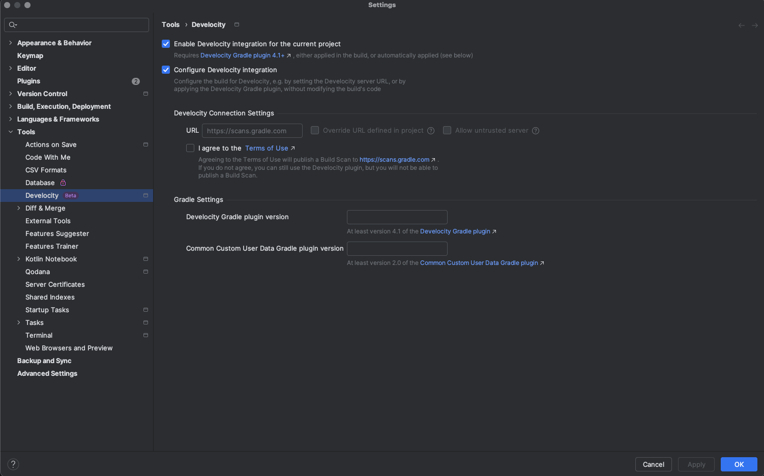 Apply and configure the Develocity Gradle Plugin via IntelliJ IDE settings