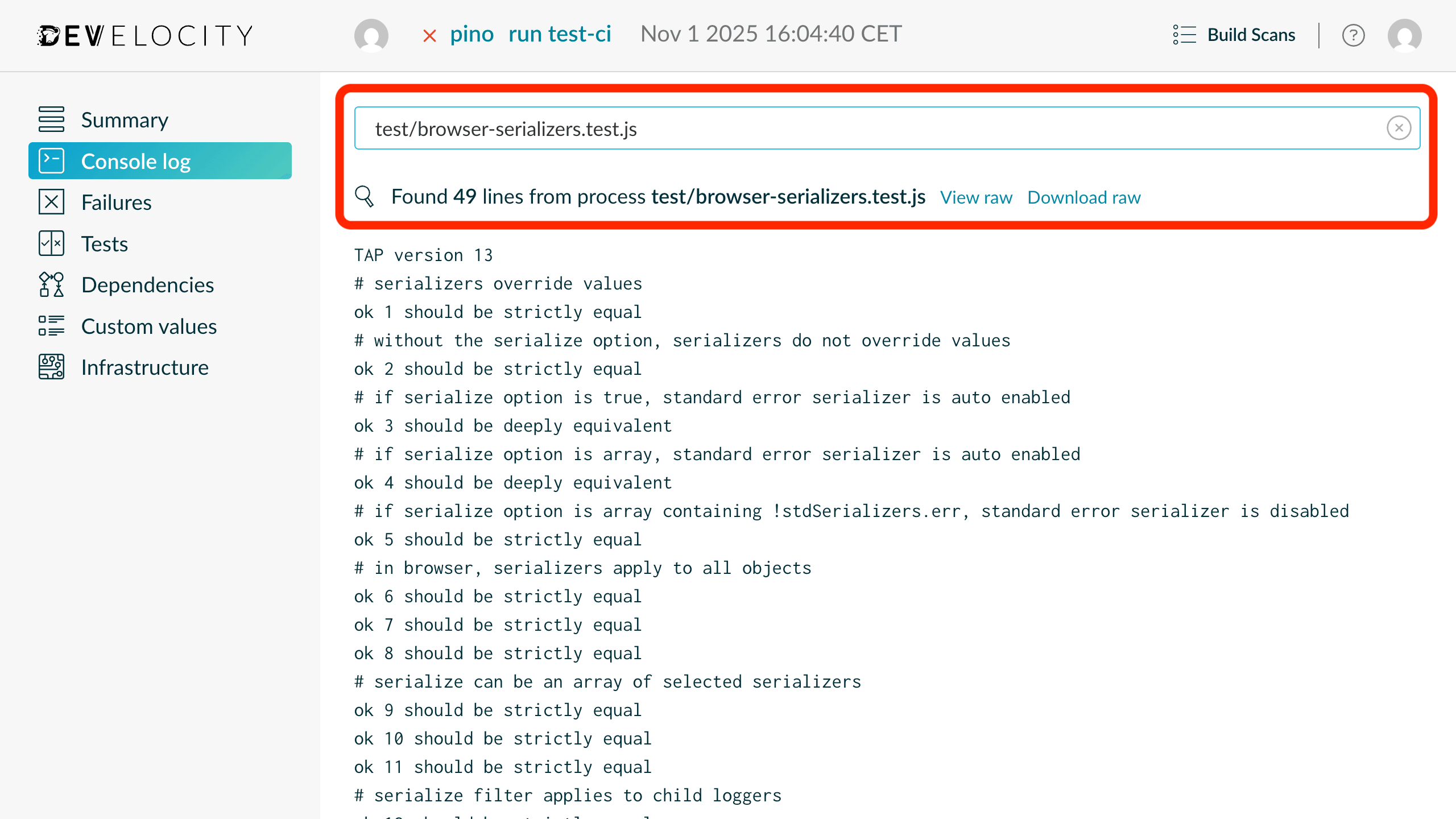Console output filtering by process in Build Scan for npm