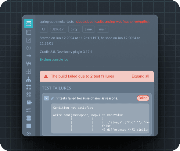 Test failure analysis showing 9 tests failed because of similar reasons with detailed failure information