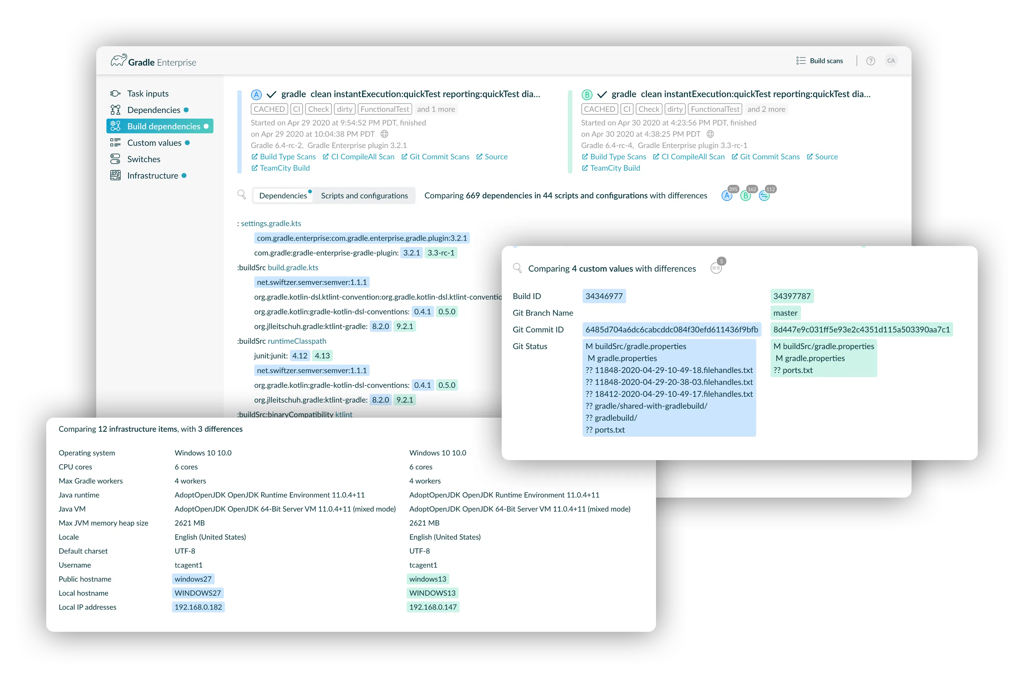 This image compares two builds using an array of Build Scan metrics.