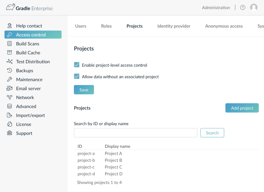 Screenshot of Develocity project-level access control admin page.