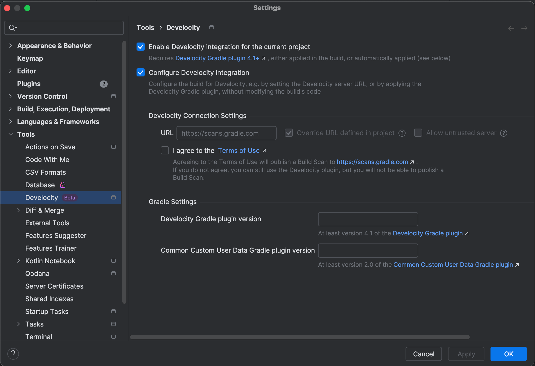 Apply and configure the Develocity Gradle Plugin via IntelliJ IDE settings